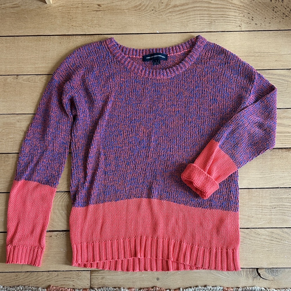 French Connection orange and blue color block sweater size large